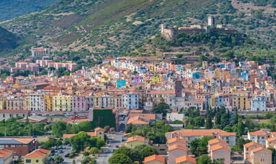 View over the colourful town of Bosa and its medieval castle, Sardinia, Italy.