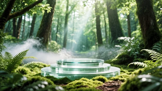 Transparent Glass Podium in Misty Green Forest with Sunlight