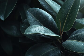 Obraz premium Close-up view of dark green leaves with water droplets in a lush environment during a rainy afternoon