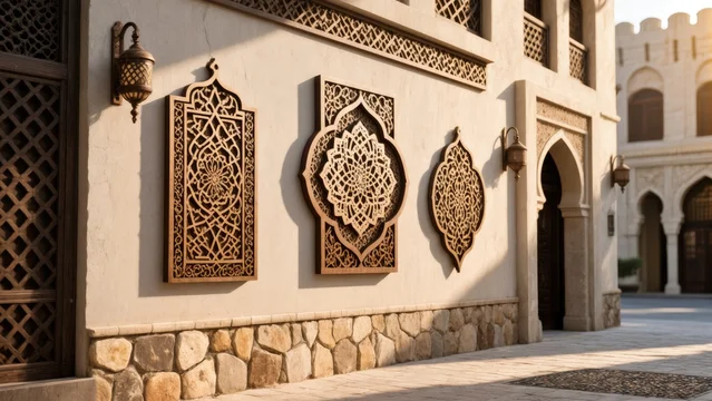 Decorative Metal Arabic Street Sign on Beige Wall