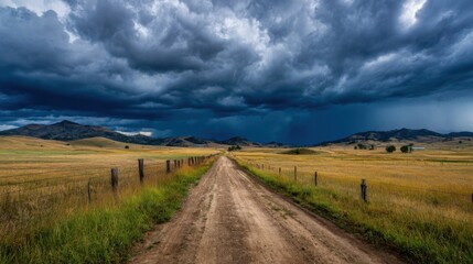 Fototapeta premium A dirt road stretches through expansive yellow fields, leading toward looming dark storm clouds above. The scene captures an impending thunderstorm in a mountainous area during late afternoon hours.