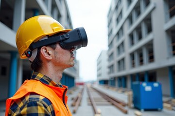 Construction Worker Utilizing Virtual Reality Goggles for Communication with Project Managers and Architects on Site.