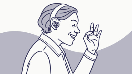 Woman with hearing aid making ok sign with hand in line art style on a light gray background