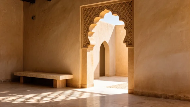 Warm Minimalist Scene with Arabic Arch and Sunlight