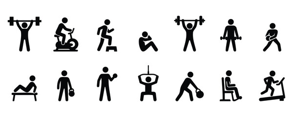 Stickman workout and fitness exercise poses in black silhouette, representing weightlifting, stretching, yoga, and sports training activities