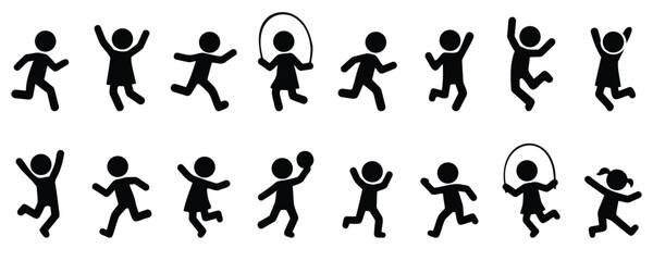 Stickman kids playing and having fun in various playful activities, joyful childhood silhouette icons in black