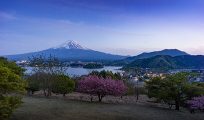 Mount Fuji and Lake Kawaguchi at dusk with cherry blossoms in the foreground