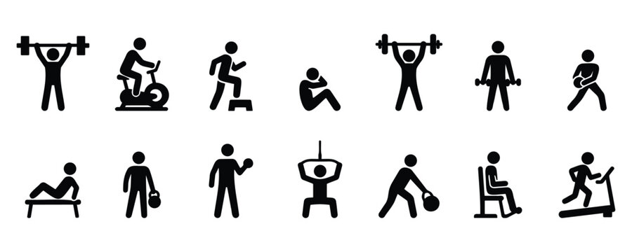 Stickman workout and fitness exercise poses in black silhouette, representing weightlifting, stretching, yoga, and sports training activities