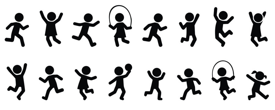Stickman kids playing and having fun in various playful activities, joyful childhood silhouette icons in black