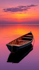 Naklejka premium Serene wooden boat floats on calm water reflecting a vibrant sunset sky