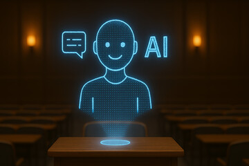 Futuristic AI hologram of smiling person with chat bubble projection on podium in empty lecture hall, glowing blue virtual assistant, artificial intelligence communication, digital teaching technology
