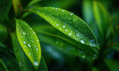 Fresh green leaves with water droplets reflecting sunlight for a calming natural scene