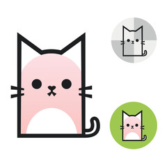 Cute kitten illustration in geometric minimalist style. Cute pink kitten logo.