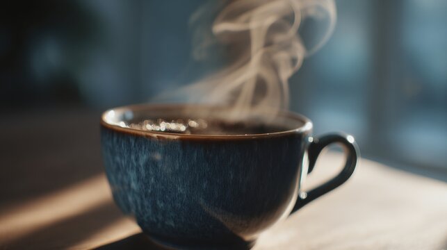 Steaming cup of coffee with morning light offers warmth and a peaceful start