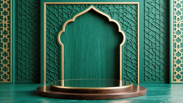 Elegant Arabic Display Scene with Gold Accents and Wood Surface