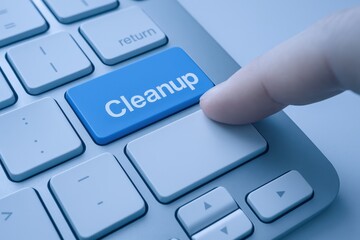 Finger pressing a cleanup button on keyboard, symbolizing data management and system optimization