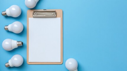 Various light bulbs surround a blank clipboard on a vibrant blue background, suggesting an atmosphere for creative ideas and planning activities. This setup invites innovative thinking.