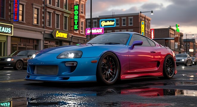 Blue and pink supra parked on the street in the city at night