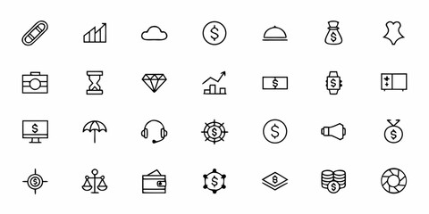Finance and Business Vector Icon Set – Minimalist Line Art Banking, Investment, and Corporate Symbols for Apps, Websites, and Reports

