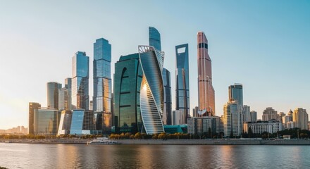 Naklejka premium Modern Cityscape Reflection: Moscow's Futuristic Skyline along the Riverfront, Featuring Skyscrapers and Urban Development