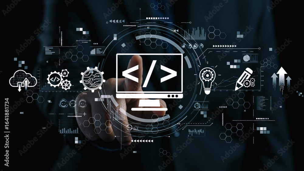Wall mural modern web development concept featuring coding symbols, web development process, web development in