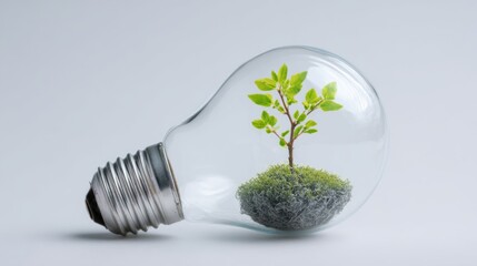 A clear light bulb contains a young tree sprouting from moss, representing the blend of technology and nature. This display highlights the importance of sustainability in modern design.