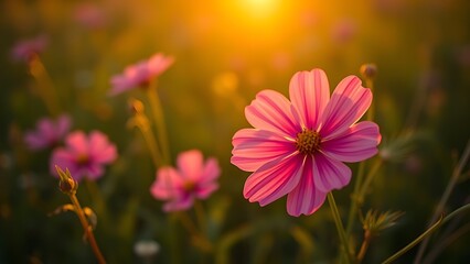 A vibrant cosmos flower blooming in a sunlit green field, radiating natural beauty and tranquility.