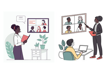 Cartoon Online Meeting – Virtual Video Conference with Office Workers Illustration