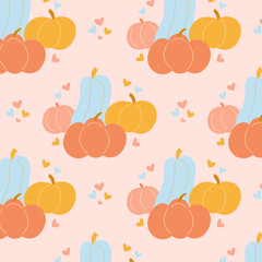 Colorful seamless pattern with charming pumpkins – perfect for autumn textiles, seasonal greeting cards, banners, and festive harvest decorations.