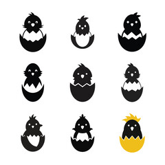 Fototapeta premium Diverse collection of hatching chicks in cracked eggs, vector illustration design