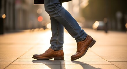 Fototapeta premium Man Walking in Stylish Brown Leather Brogue Shoes