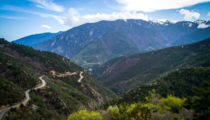 Mountain valley road winds through lush greenery