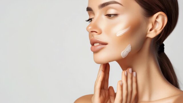 A beautiful woman is applying face cream on her cheekbones against a neutral background. She is gently touching her skin as part of her daily beauty routine and self-care time.
