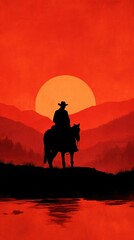 Naklejka premium Silhouette of a cowboy on horseback against a fiery sunset, framed by mountains and water