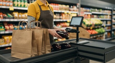 Fototapeta premium Modern supermarket checkout scene showcasing cashier scanning eggplant at counter