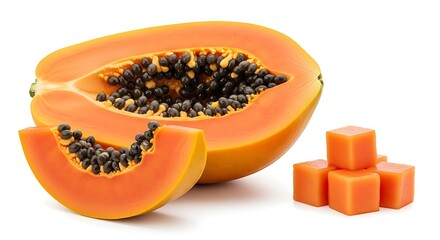 Fresh ripe papaya cut in half with seeds and cubes on white background