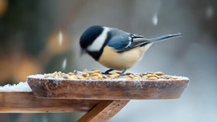 Great Tit Bird Feeding on Seeds in Winter Snowfall - Wildlife Close-Up