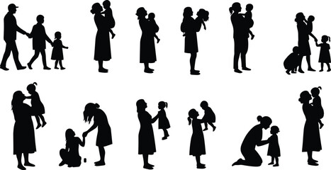 family silhouettes with children, parent and child vector art, motherhood illustration, father daughter design, parenting moments, black outline people, childhood love scene