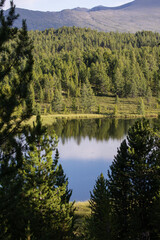 mountain lake in the forest. natural landscape. abstract background about rest and travel