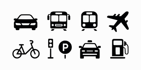 Black and white transportation icons set representing different modes of transport and related services minimal vector illustration