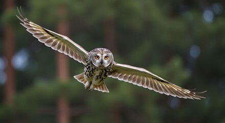 Majestic Owl in Flight Against a Blurred Forest Background