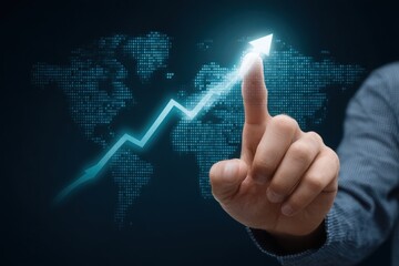 Businessman s finger points to a glowing upward trending financial graph superimposed on a world map background