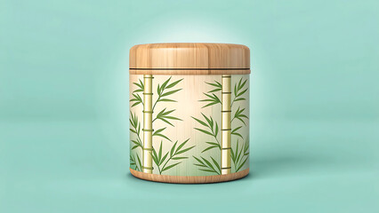 Bamboo patterned container with wooden lid on a teal surface
