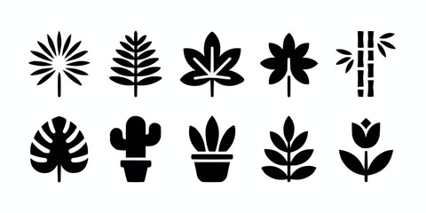 Collection of Black and White Tropical Plant Icons Vector Illustration Set for Graphic Design and Web Development Projects