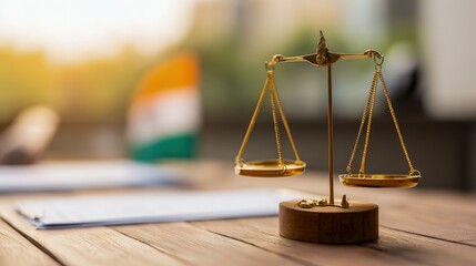 Justice Scales on Wooden Desk with Defocused Background, Symbolizing Law and Equality in Courtroom Setting