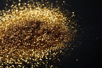 Shimmering golden glitter spread on a dark surface showcasing fine details and sparkles under light