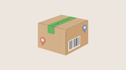 Obraz premium Brown cardboard box with green tape and location pins package delivery