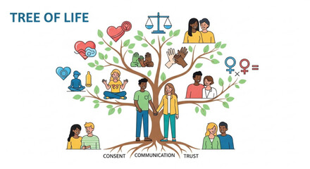 Fototapeta premium Tree of Life with Roots Showing Consent, Communication, Trust and Branches of Sexual Wellness, Equality Icons, and Happy Couples