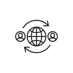 Global communication icon with people and arrows in outline style