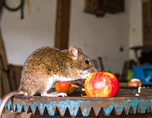 Small brown mouse eats red apple on metal table